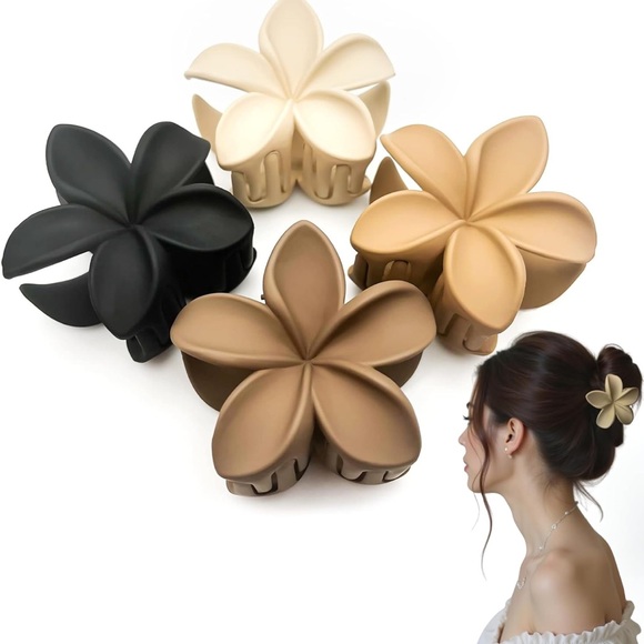 Set of 4 Elegant Floral Hair Claw Clip Set - Black, Cream, Tan, Brown - Picture 1 of 9